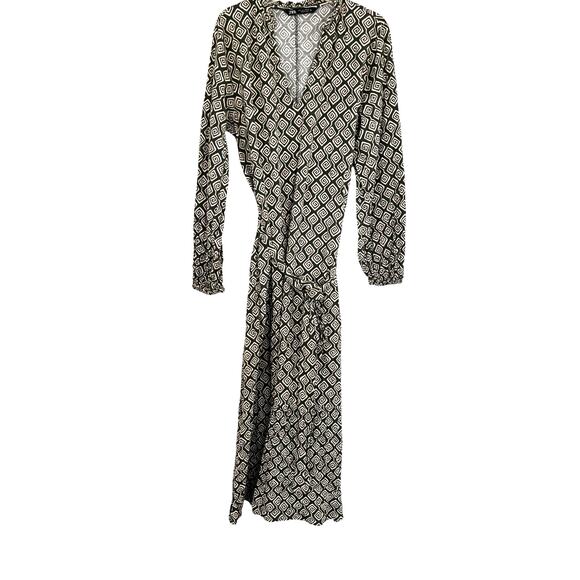 Zara Green Cream Geometric Print Long Sleeve C-Neck Tie Waist Midi Dress Size L - Picture 3 of 8